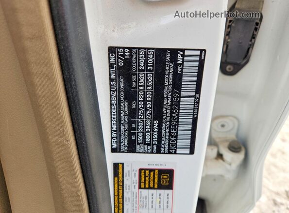 4JGDF6EE9GA621597 2016 MERCEDES-BENZ GL-CLASS White Вид наклейки з VIN-кодом
