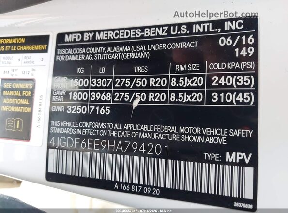 4JGDF6EE9HA794201 2017 MERCEDES-BENZ GLS 450 White Вид підкапотного простору
