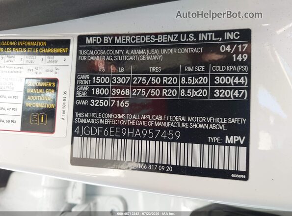 4JGDF6EE9HA957459 2017 MERCEDES-BENZ GLS 450 White Engine compartment view