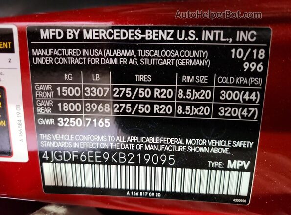 4JGDF6EE9KB219095 2019 MERCEDES-BENZ GLS Red Вид наклейки з VIN-кодом