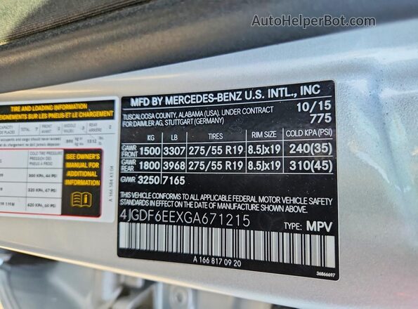 4JGDF6EEXGA671215 2016 MERCEDES-BENZ GL-CLASS Silver VIN sticker view
