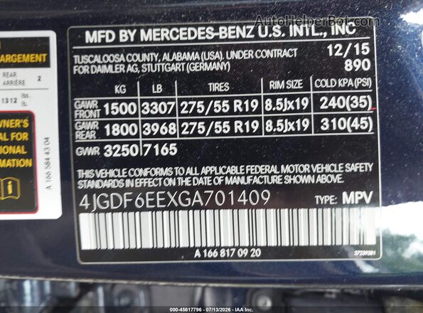 4JGDF6EEXGA701409 2016 MERCEDES-BENZ GL 450 Dark Blue Vista del compartimento del motor
