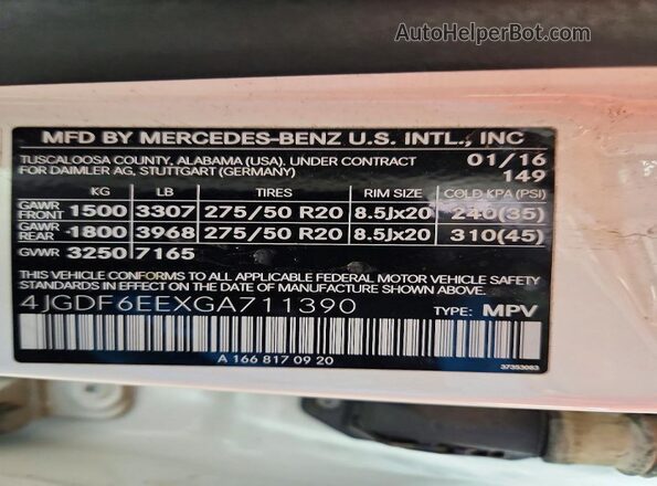 4JGDF6EEXGA711390 2016 MERCEDES-BENZ GL-CLASS White VIN կոդի պիտակի տեսք