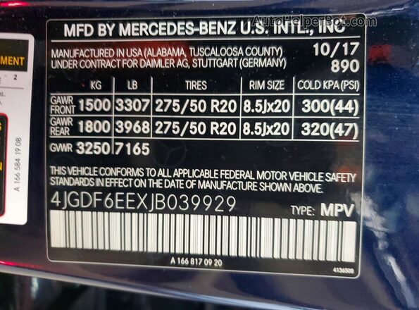 4JGDF6EEXJB039929 2018 MERCEDES-BENZ GLS Blue VIN კოდის სტიკერის ხედი