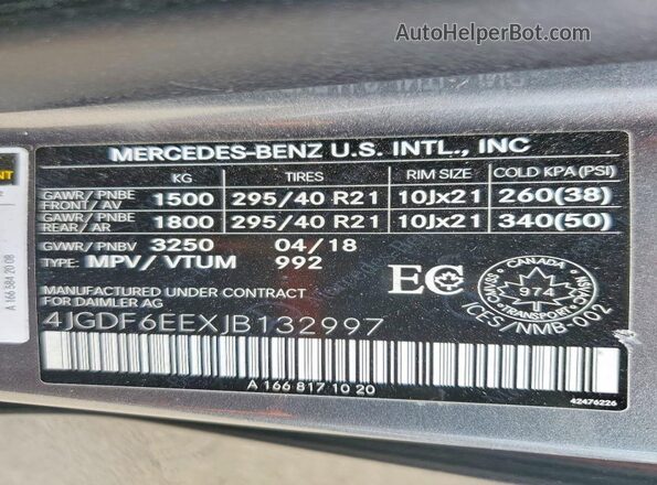 4JGDF6EEXJB132997 2018 MERCEDES-BENZ GLS Gray Vista de la etiqueta del VIN
