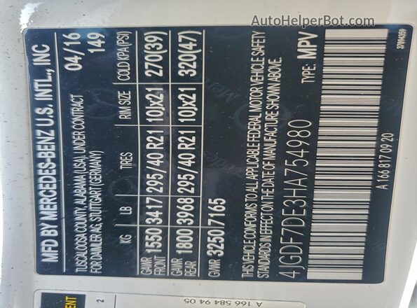 4JGDF7DE3HA754980 2017 MERCEDES-BENZ GLS White VIN sticker view