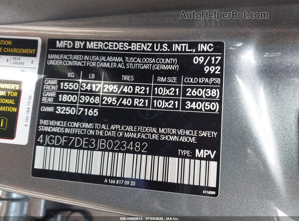 4JGDF7DE3JB023482 2018 MERCEDES-BENZ GLS 550 Gray Շարժիչի բաժամունքի տեսք