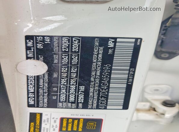 4JGDF7DE4GA659696 2016 MERCEDES-BENZ GL-CLASS White Widok naklejki z numerem VIN