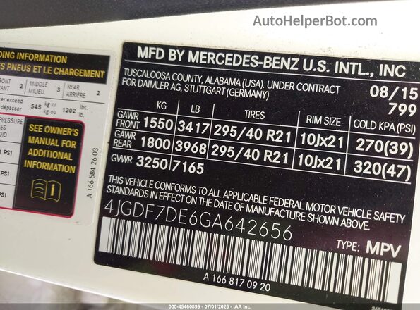 4JGDF7DE6GA642656 2016 MERCEDES-BENZ GL 550 White ძრავის განყოფილების ხედი