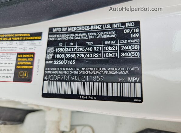 4JGDF7DE9KB211859 2019 MERCEDES-BENZ GLS White Widok naklejki z numerem VIN