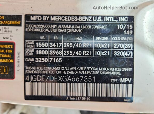4JGDF7DEXGA667351 2016 MERCEDES-BENZ GLE White Widok naklejki z numerem VIN