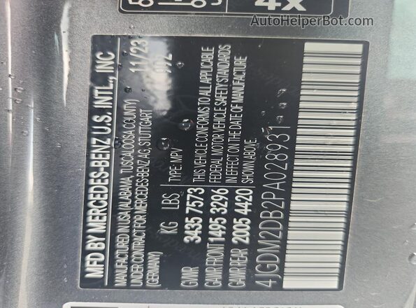 4JGDM2DB2PA028931 2023 MERCEDES-BENZ EQS Серый Вид наклейки с VIN-кодом
