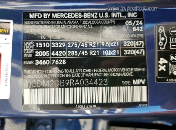 4JGDM2DB9RA034423 2024 MERCEDES-BENZ EQS Blue Vista de la etiqueta del VIN