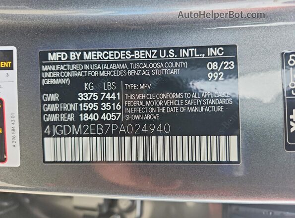 4JGDM2EB7PA024940 2023 MERCEDES-BENZ EQS Silver VIN კოდის სტიკერის ხედი