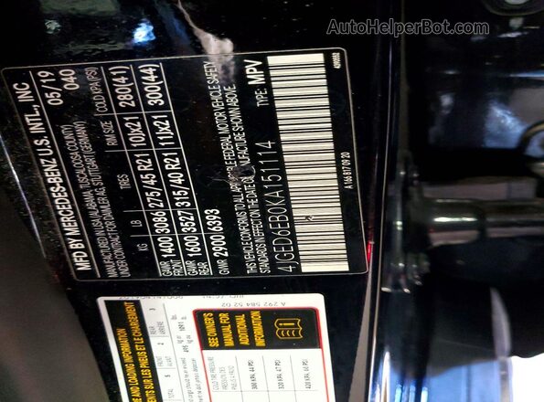 4JGED6EB0KA151114 2019 MERCEDES-BENZ GLE Black Vista de la etiqueta del VIN