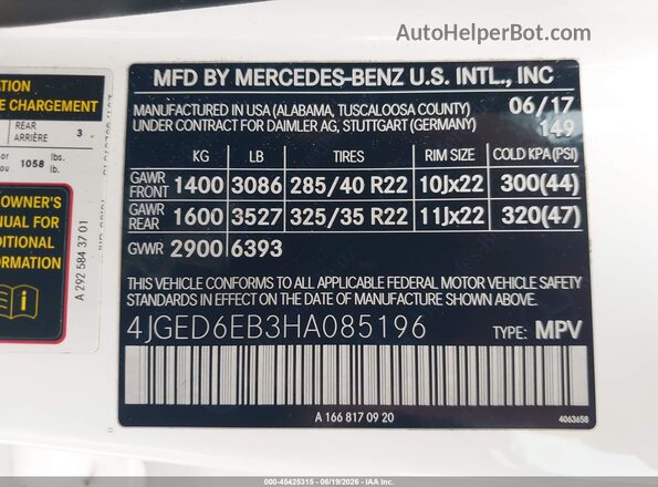 4JGED6EB3HA085196 2017 MERCEDES-BENZ AMG GLE 43 COUPE White Вид підкапотного простору
