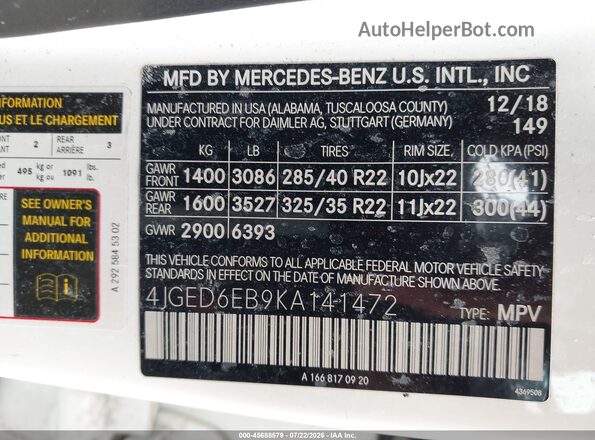 4JGED6EB9KA141472 2019 MERCEDES-BENZ AMG GLE 43 COUPE White Widok komory silnika