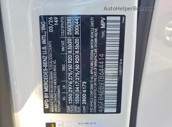 4JGFB4EB9TB644414 2026 MERCEDES-BENZ GLE White VIN sticker view