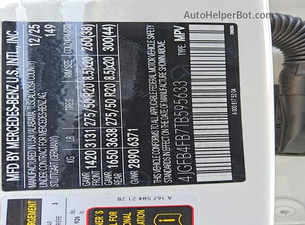 4JGFB4FB7TB595633 2026 MERCEDES-BENZ GLE Белый Вид наклейки с VIN-кодом