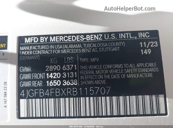 4JGFB4FBXRB115707 2024 MERCEDES-BENZ GLE 350 White Вид підкапотного простору