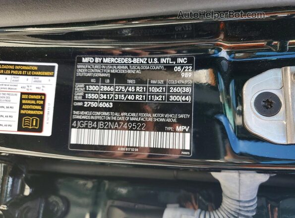 4JGFB4JB2NA749522 2022 MERCEDES-BENZ GLE Green Widok naklejki z numerem VIN