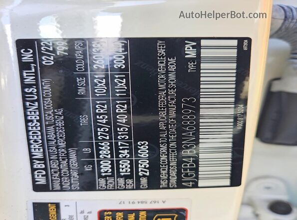 4JGFB4JB3NA688973 2022 MERCEDES-BENZ GLE White VIN sticker view
