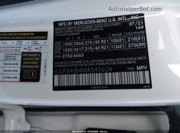4JGFB4JB4MA545626 2021 MERCEDES-BENZ GLE 350 White Widok komory silnika