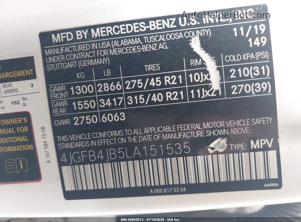 4JGFB4JB5LA151535 2020 MERCEDES-BENZ GLE 350 White Вид підкапотного простору