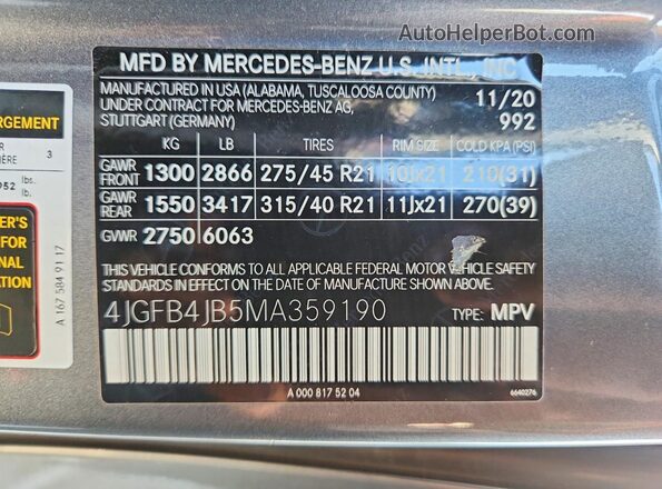 4JGFB4JB5MA359190 2021 MERCEDES-BENZ GLE Gray VIN sticker view
