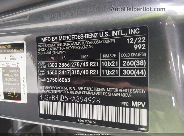 4JGFB4JB5PA894928 2023 MERCEDES-BENZ GLE 350 Gray Շարժիչի բաժամունքի տեսք