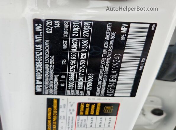 4JGFB4JB6LA199240 2020 MERCEDES-BENZ GLE White VIN კოდის სტიკერის ხედი