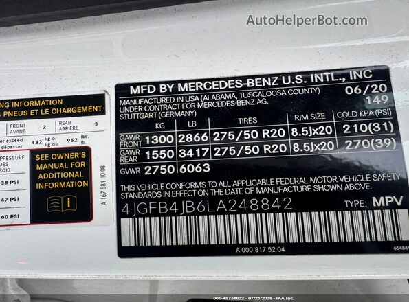 4JGFB4JB6LA248842 2020 MERCEDES-BENZ GLE 350 White ძრავის განყოფილების ხედი