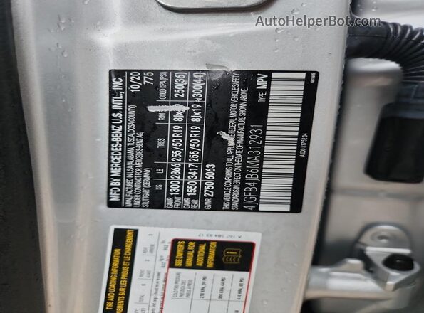 4JGFB4JB6MA312931 2021 MERCEDES-BENZ GLE Silver Вид наклейки з VIN-кодом