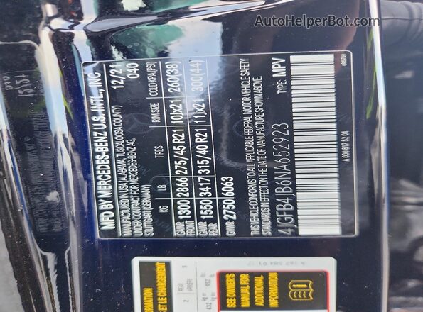 4JGFB4JB6NA652923 2022 MERCEDES-BENZ GLE Black Widok naklejki z numerem VIN