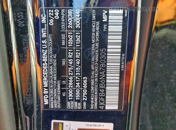 4JGFB4JB6NA780305 2022 MERCEDES-BENZ GLE Черный Вид наклейки с VIN-кодом