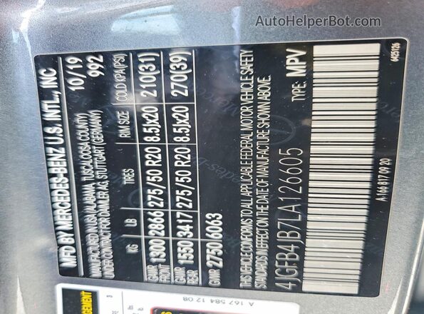 4JGFB4JB7LA126605 2020 MERCEDES-BENZ GLE Серый Вид наклейки с VIN-кодом