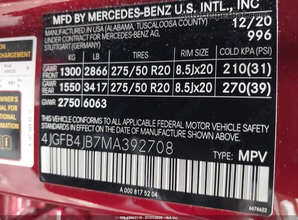 4JGFB4JB7MA392708 2021 MERCEDES-BENZ GLE 350 Red Widok komory silnika