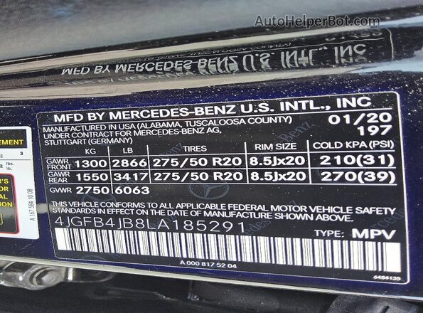 4JGFB4JB8LA185291 2020 MERCEDES-BENZ GLE Black Widok naklejki z numerem VIN