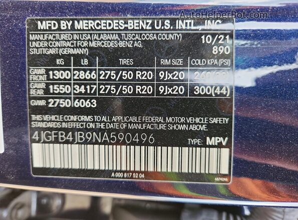 4JGFB4JB9NA590496 2022 MERCEDES-BENZ GLE Blue Widok naklejki z numerem VIN