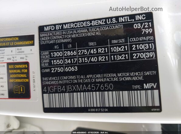 4JGFB4JBXMA457650 2021 MERCEDES-BENZ GLE 350 White Вид підкапотного простору