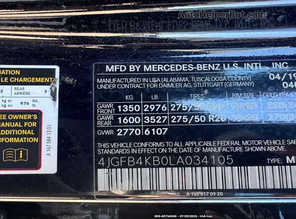 4JGFB4KB0LA034105 2020 MERCEDES-BENZ GLE 350 Black Vista del compartimento del motor