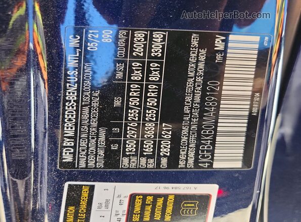 4JGFB4KB0MA489120 2021 MERCEDES-BENZ GLE Blue Vista de la etiqueta del VIN