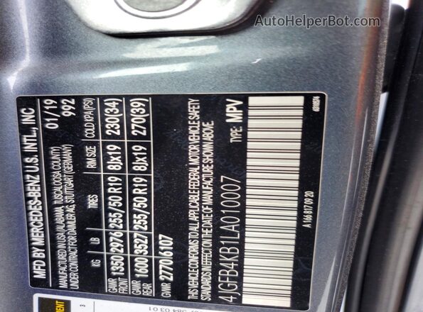 4JGFB4KB1LA010007 2020 MERCEDES-BENZ GLE Gray Widok naklejki z numerem VIN