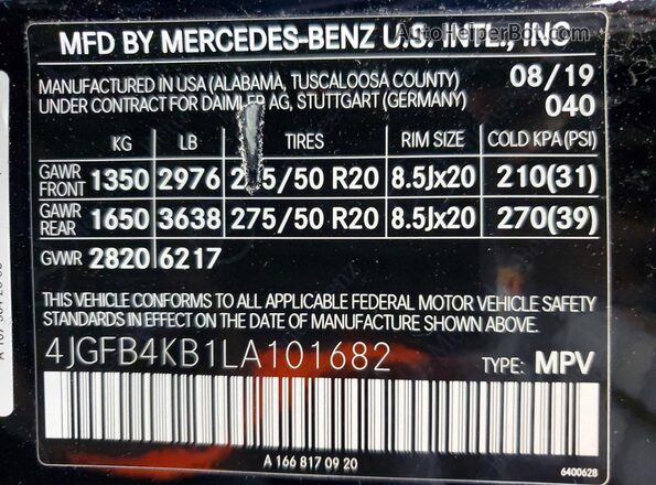 4JGFB4KB1LA101682 2020 MERCEDES-BENZ GLE Black Vista de la etiqueta del VIN