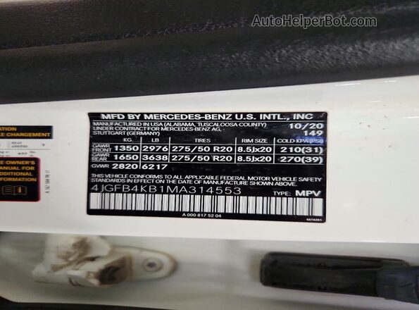 4JGFB4KB1MA314553 2021 MERCEDES-BENZ GLE White Vista de la etiqueta del VIN