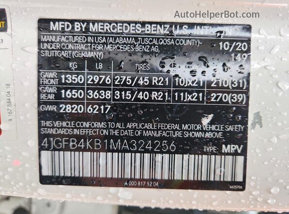 4JGFB4KB1MA324256 2021 MERCEDES-BENZ GLE Белый Вид наклейки с VIN-кодом