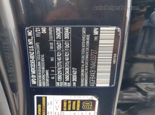 4JGFB4KB1NA633727 2022 MERCEDES-BENZ GLE Black VIN კოდის სტიკერის ხედი