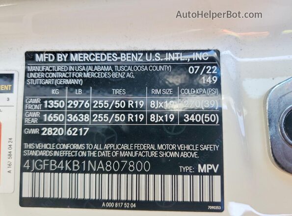 4JGFB4KB1NA807800 2022 MERCEDES-BENZ GLE White Vista de la etiqueta del VIN