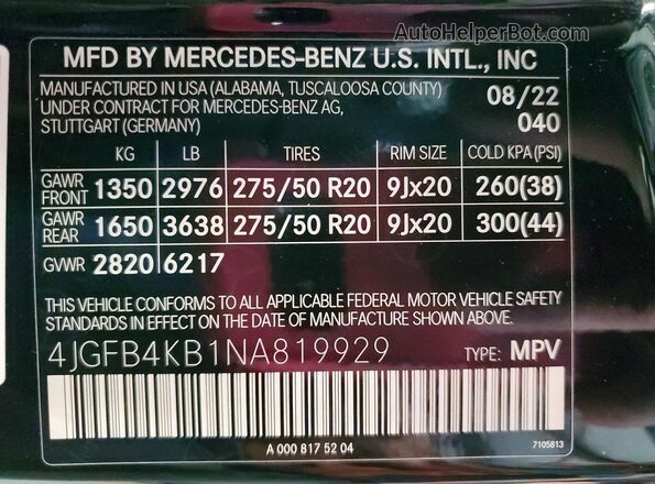 4JGFB4KB1NA819929 2022 MERCEDES-BENZ GLE Black Widok naklejki z numerem VIN