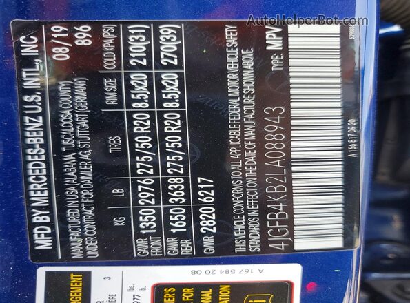 4JGFB4KB2LA088943 2020 MERCEDES-BENZ GLE Blue Vista de la etiqueta del VIN